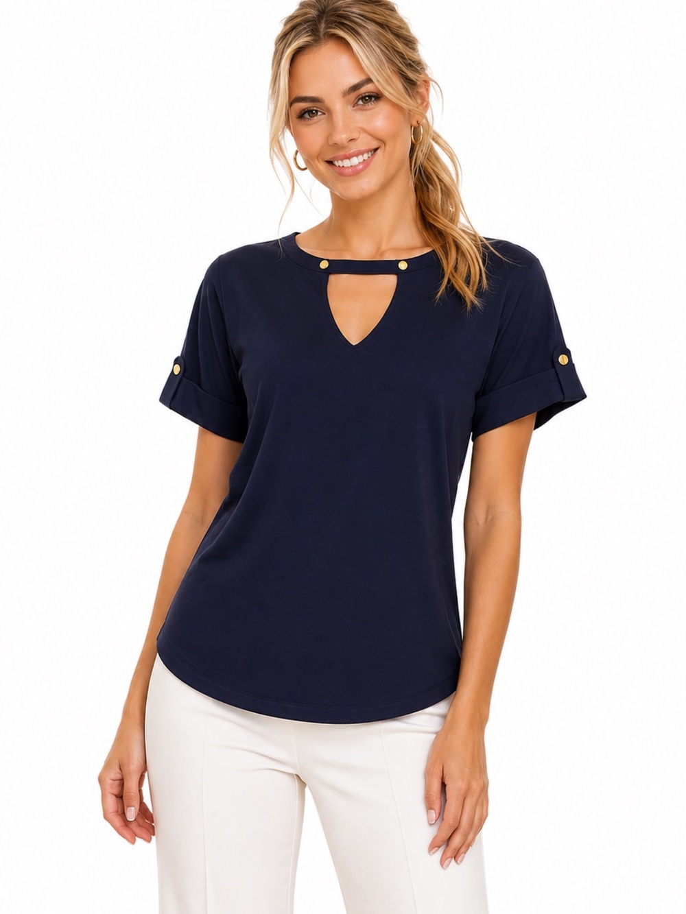 Michael Kors Navy Women's Keyhole Short Sleeve shirt Top Gold Accents M